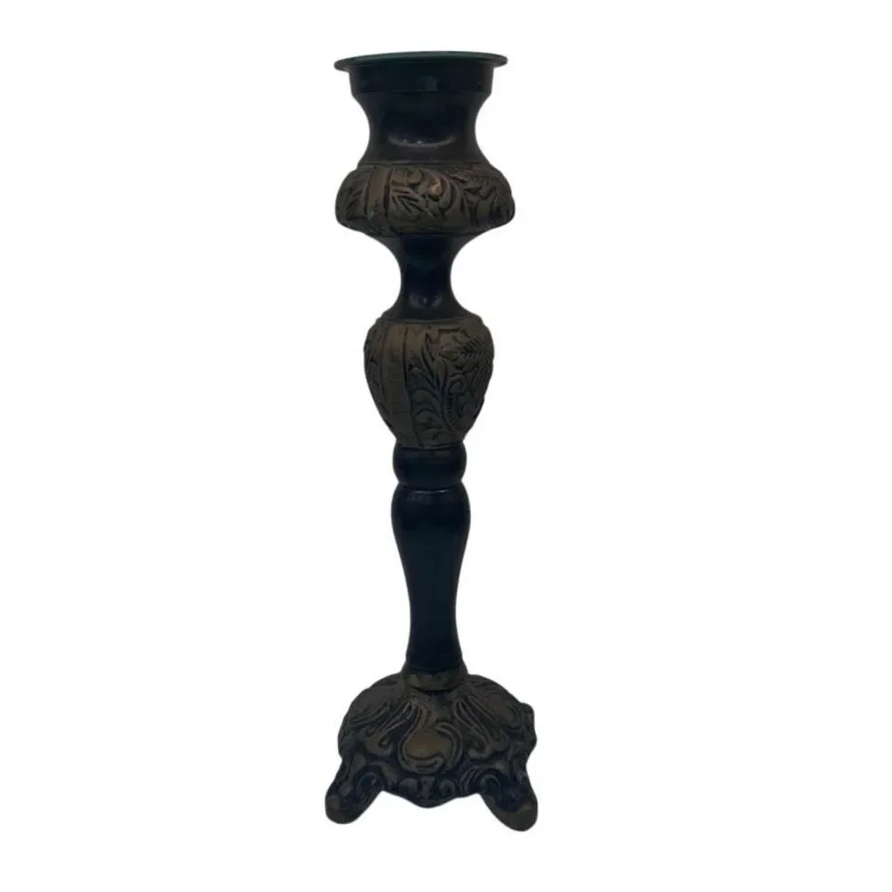 Vtg Made In India Pillar Candlestick Holder Green & Gray Footed Verdigris Trim